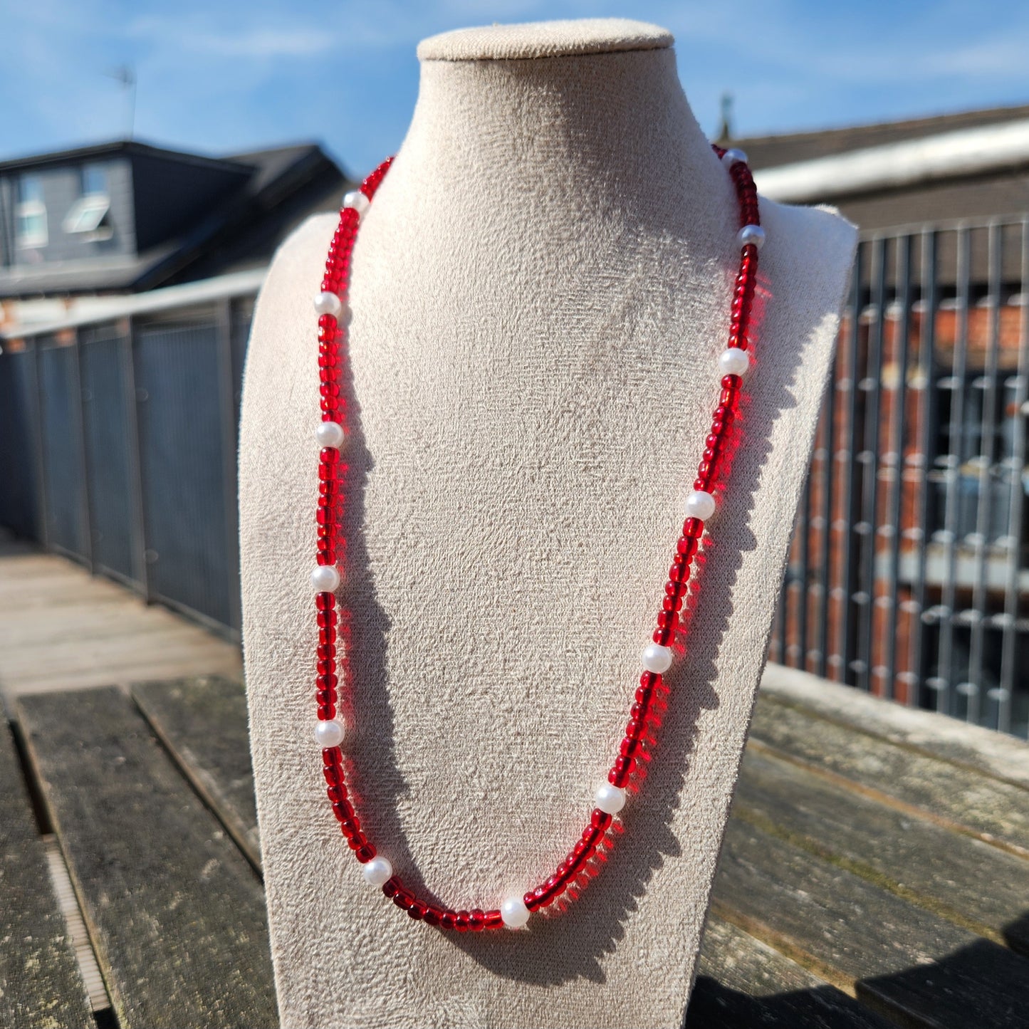 red glass and pearl beaded necklace
