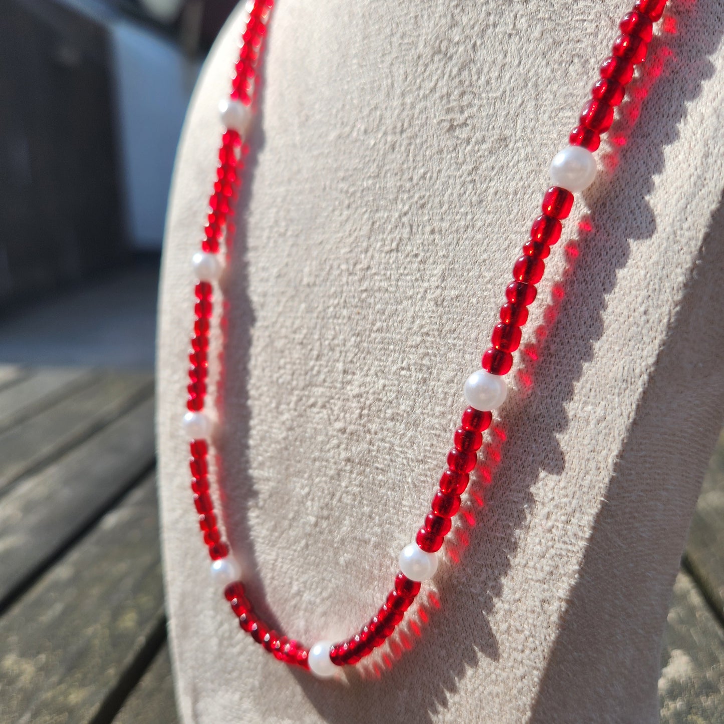 red glass and pearl beaded necklace