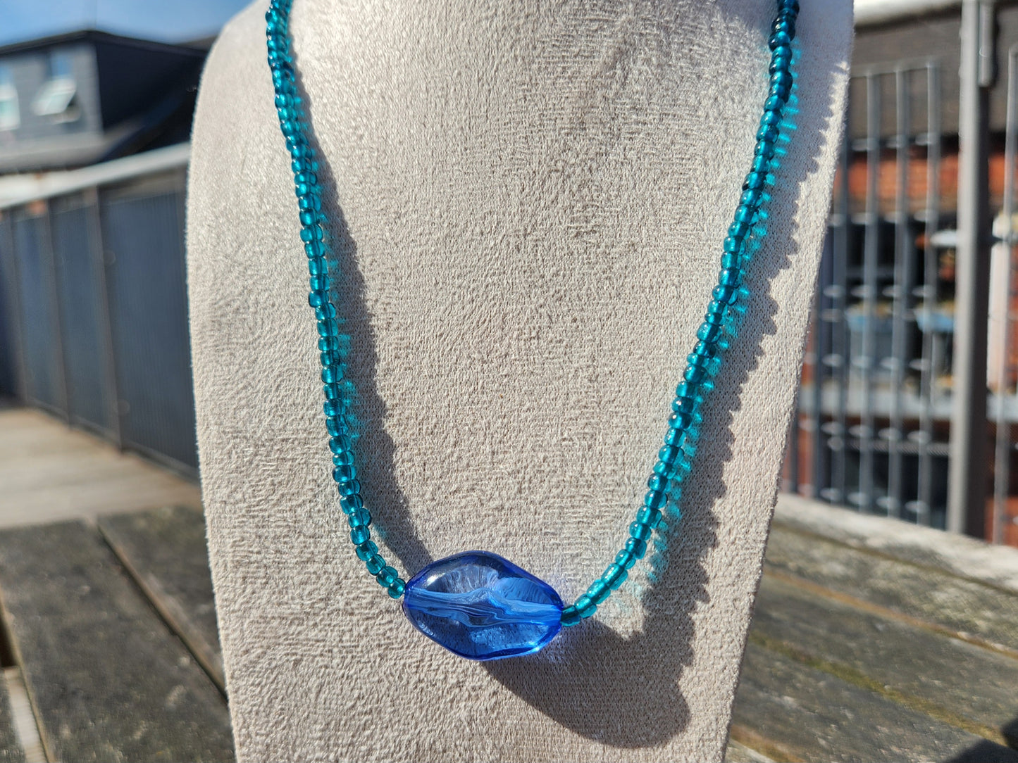 blue glass upcycled beaded necklace