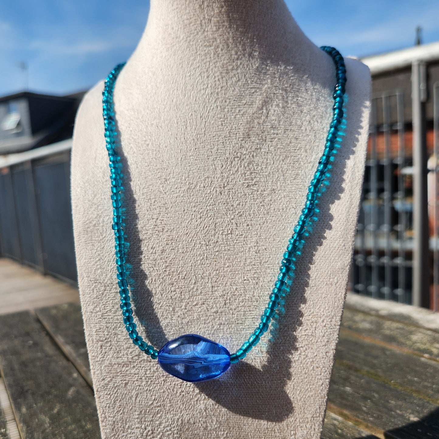 blue glass upcycled beaded necklace