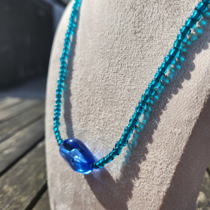 blue glass upcycled beaded necklace