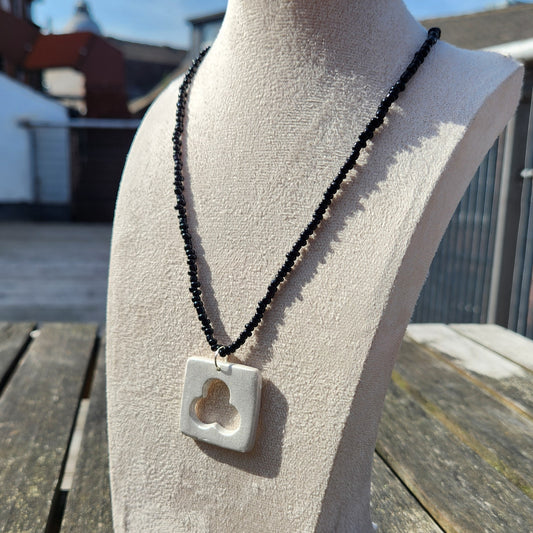 silver square clay pendant black glass beaded necklace