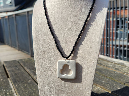 silver square clay pendant black glass beaded necklace