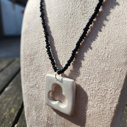 silver square clay pendant black glass beaded necklace
