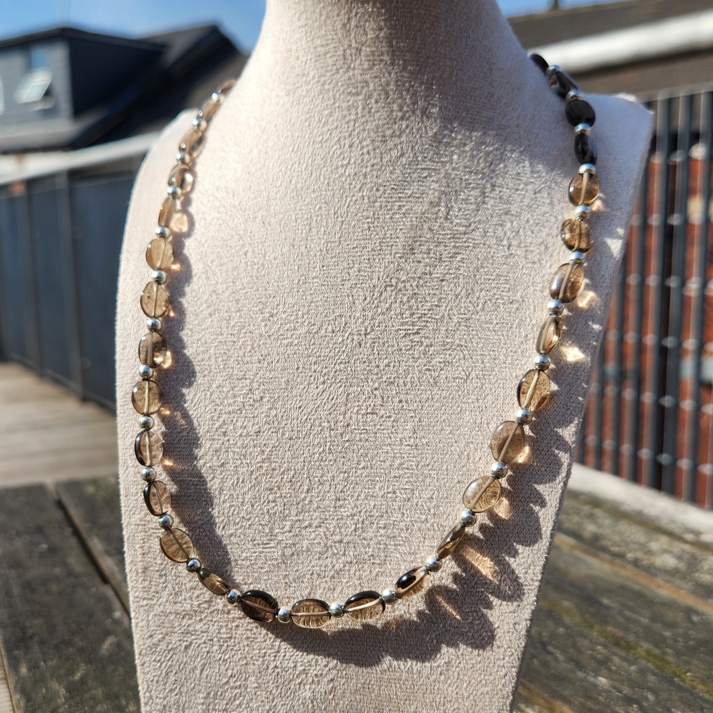 smoky quartz and silver beaded necklace