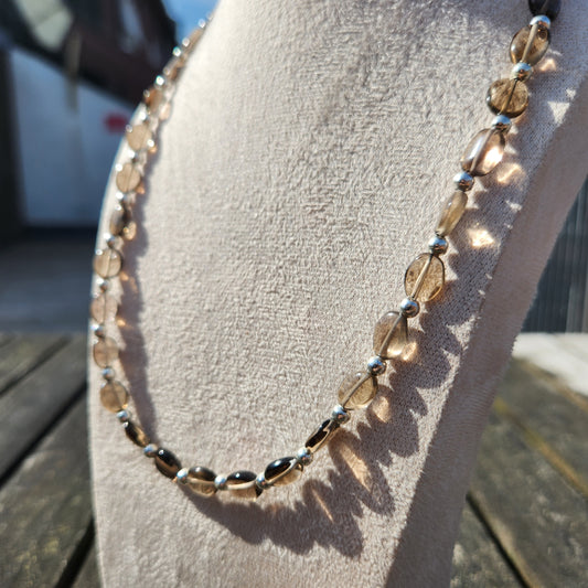 smoky quartz and silver beaded necklace