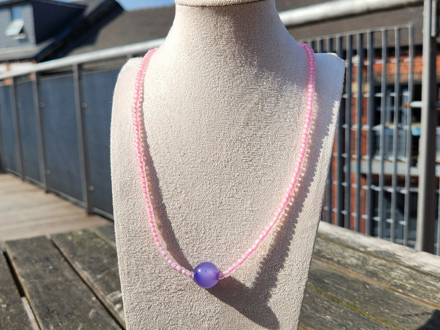 pink and purple glass beaded necklace