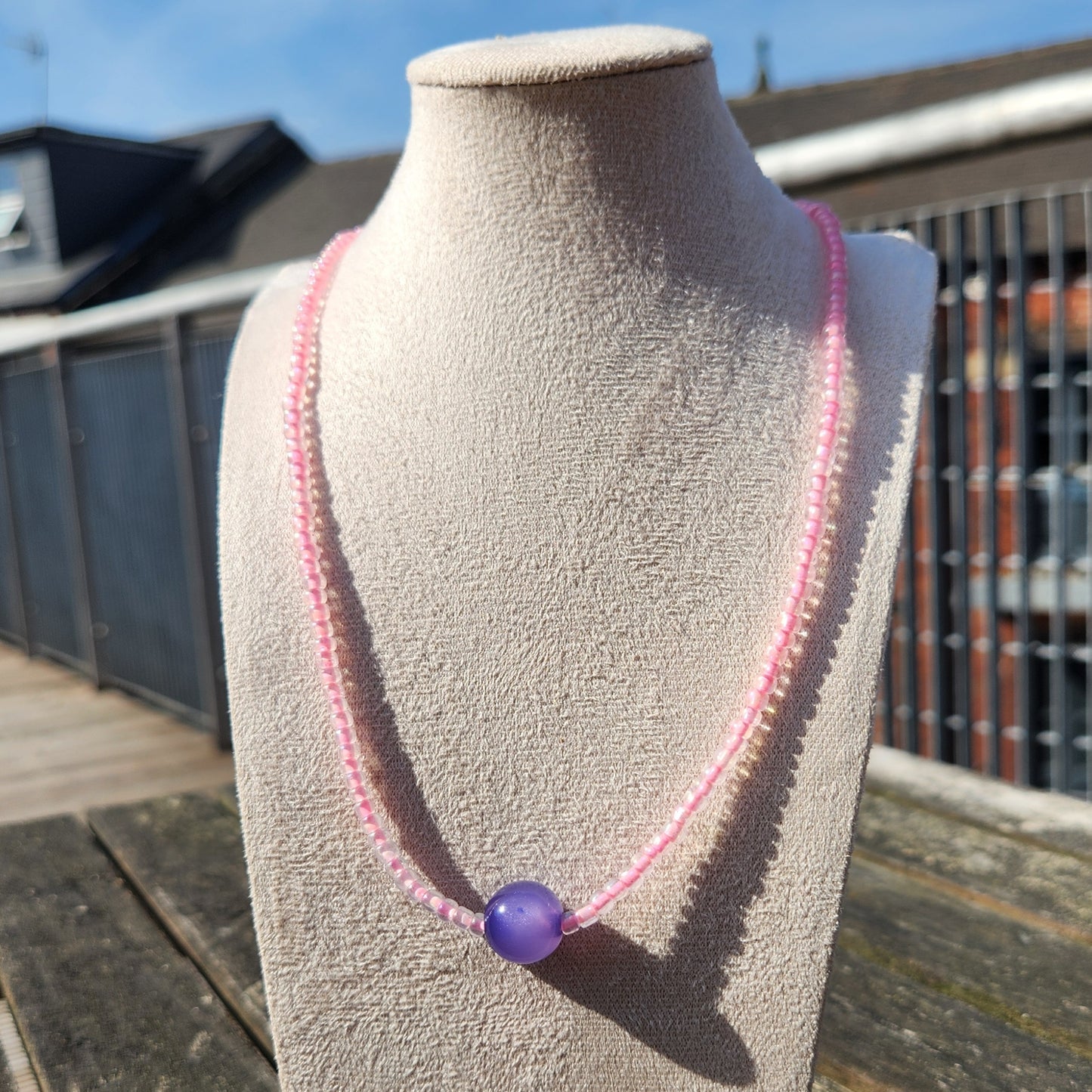 pink and purple glass beaded necklace