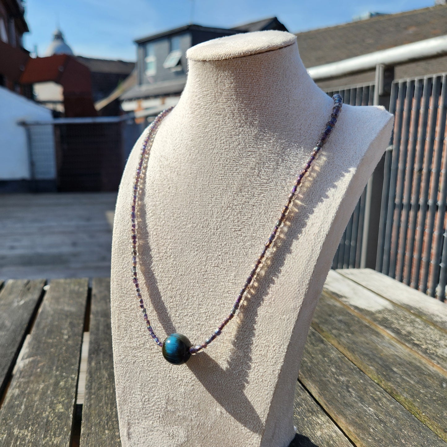 grey and blue iridescent glass beaded necklace
