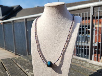 grey and blue iridescent glass beaded necklace