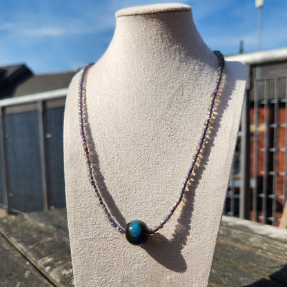 grey and blue iridescent glass beaded necklace