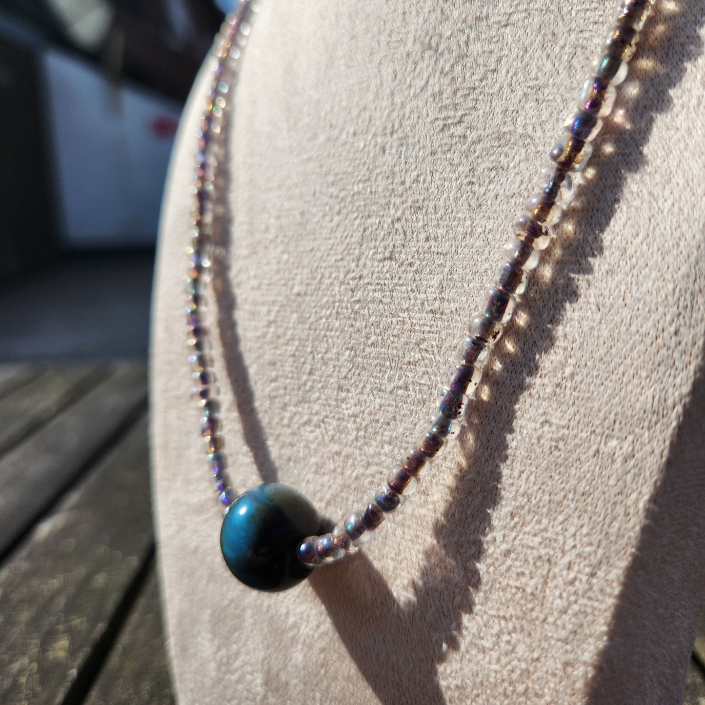 grey and blue iridescent glass beaded necklace