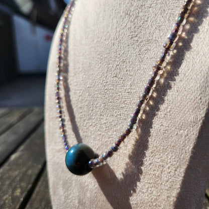 grey and blue iridescent glass beaded necklace