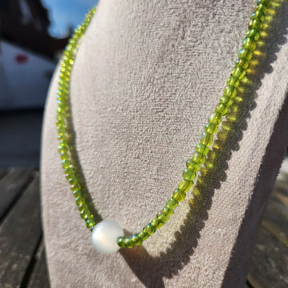 green and white pearlescent glass beaded necklace