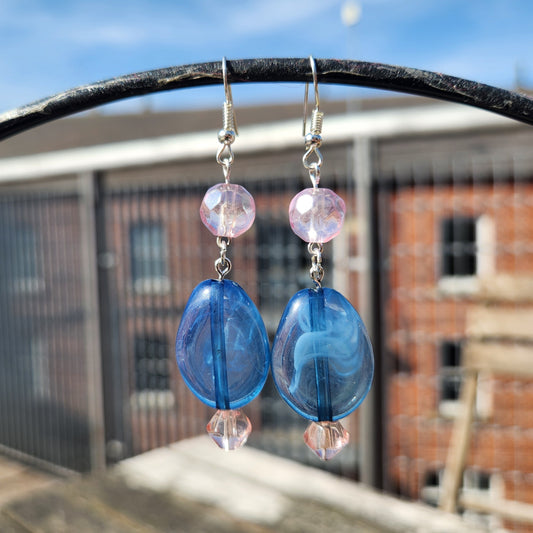 pink and blue upcycled bead silver earrings