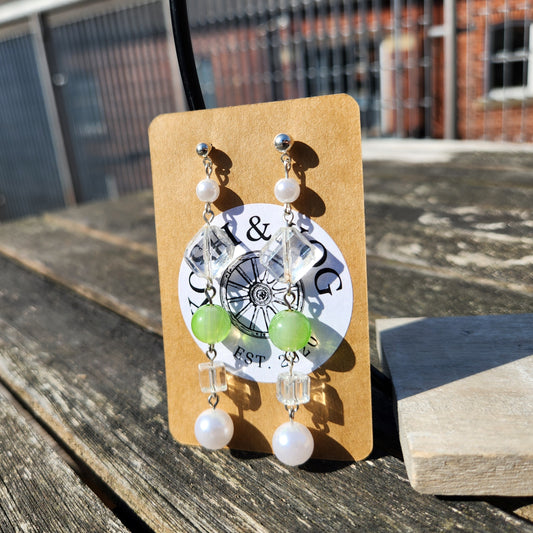 green, white and clear beaded upcycled silver earrings