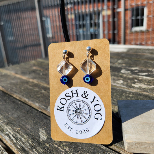 blue evil eye and clear glass beaded silver stud earrings
