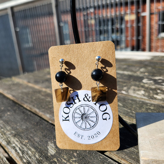 black and brown tortoiseshell and upcycled bead silver earrings