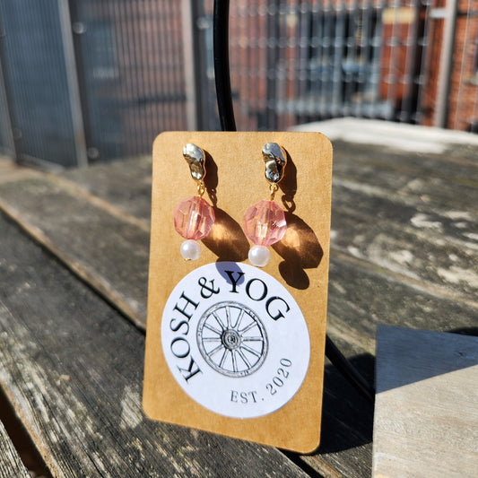 pink pearl beaded gold stud drop earrings