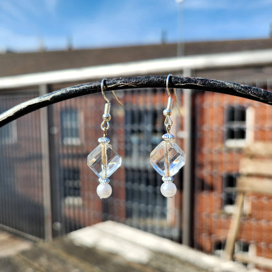 clear pearl upcycled bead silver dangle earrings