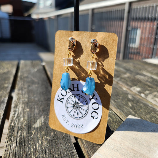 blue and clear upcycled bead gold stud drop earrings