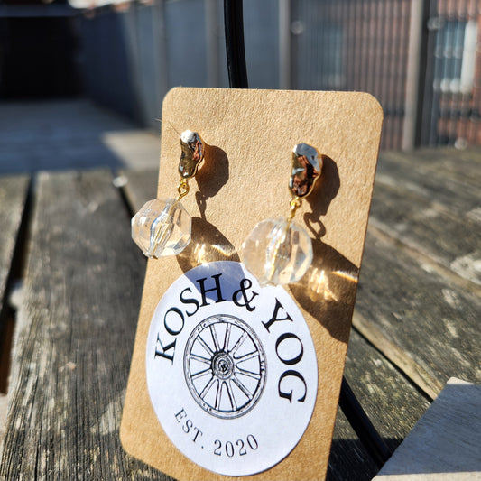 clear upcycled bead gold stud drop earrings