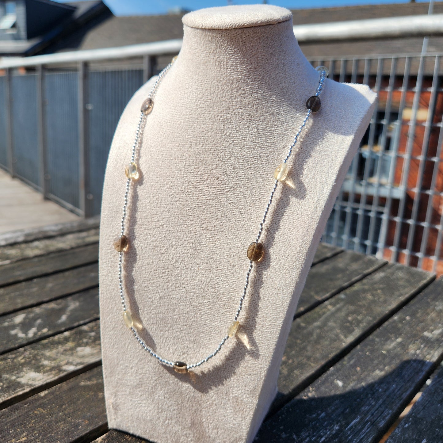 citrine and smokey quartz glass bead necklace