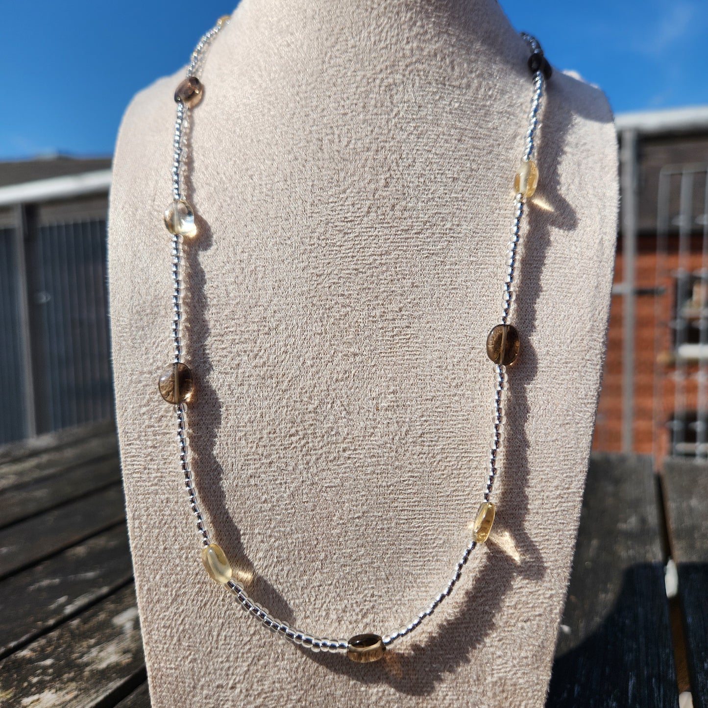 citrine and smokey quartz glass bead necklace