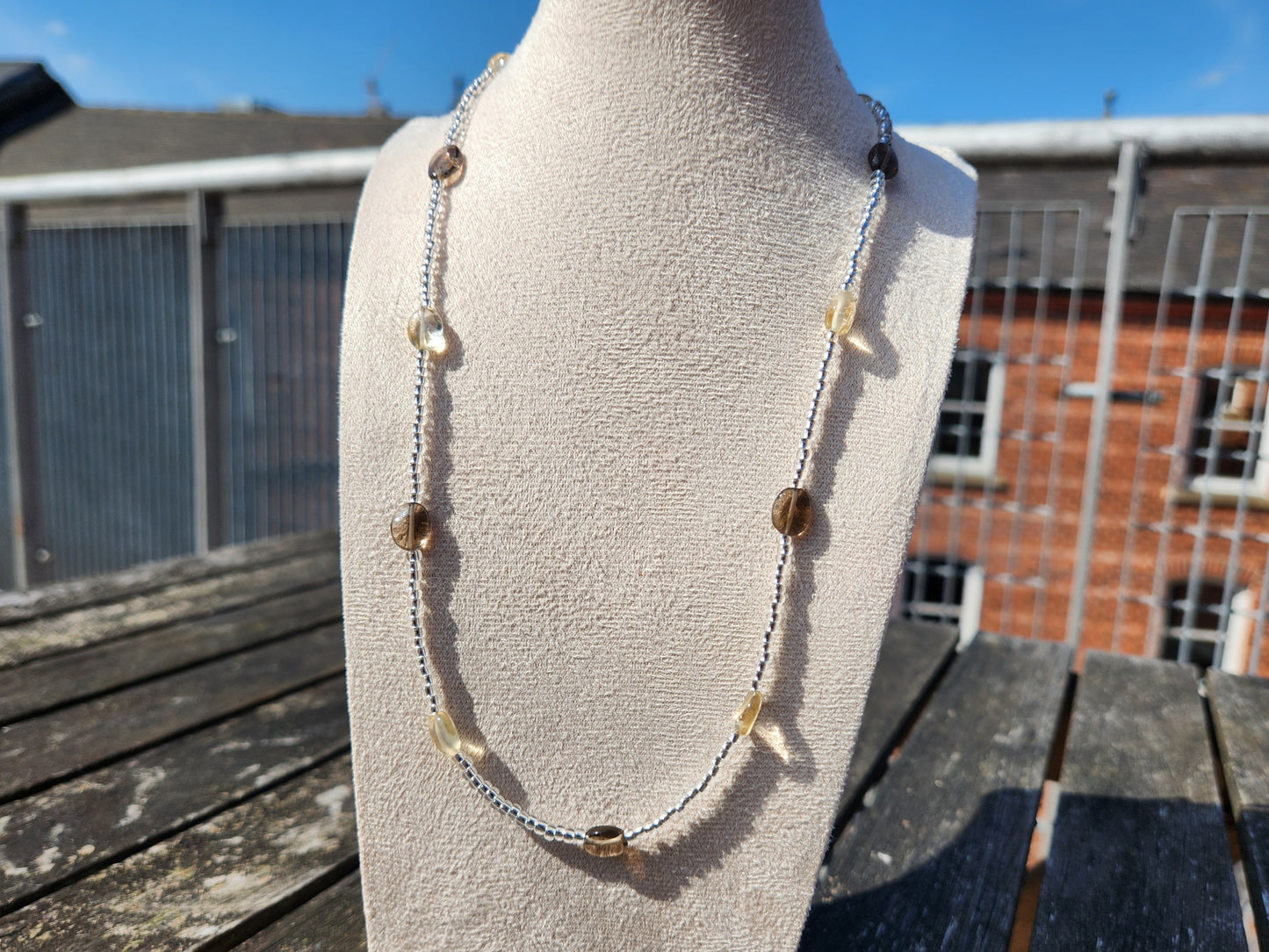 citrine and smokey quartz glass bead necklace