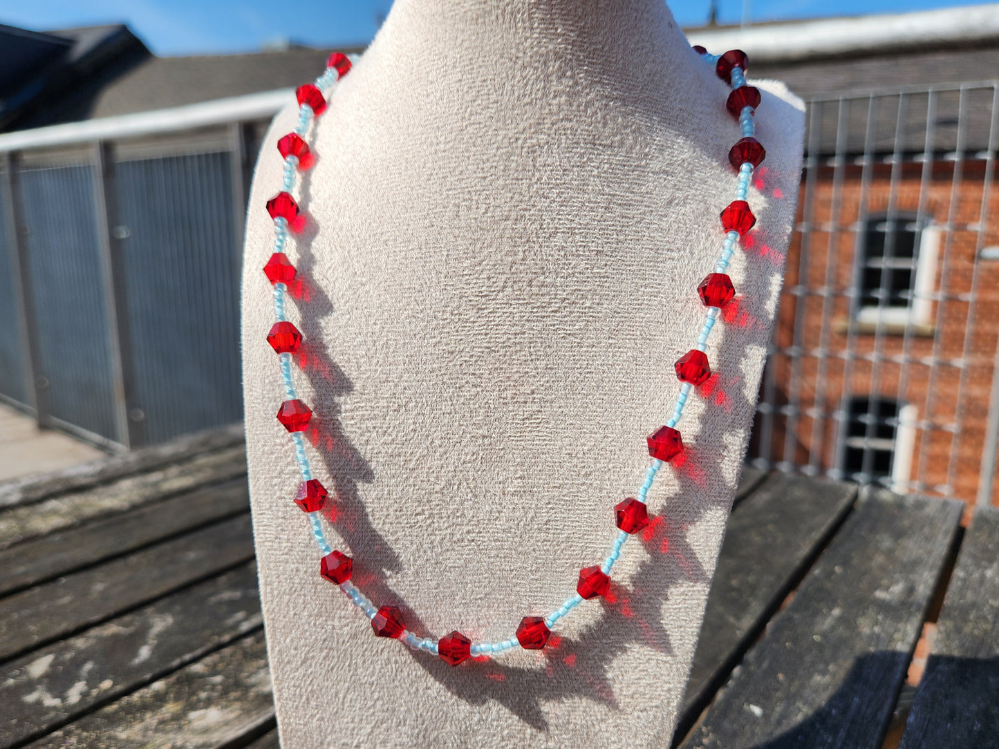 blue and red glass beaded necklace