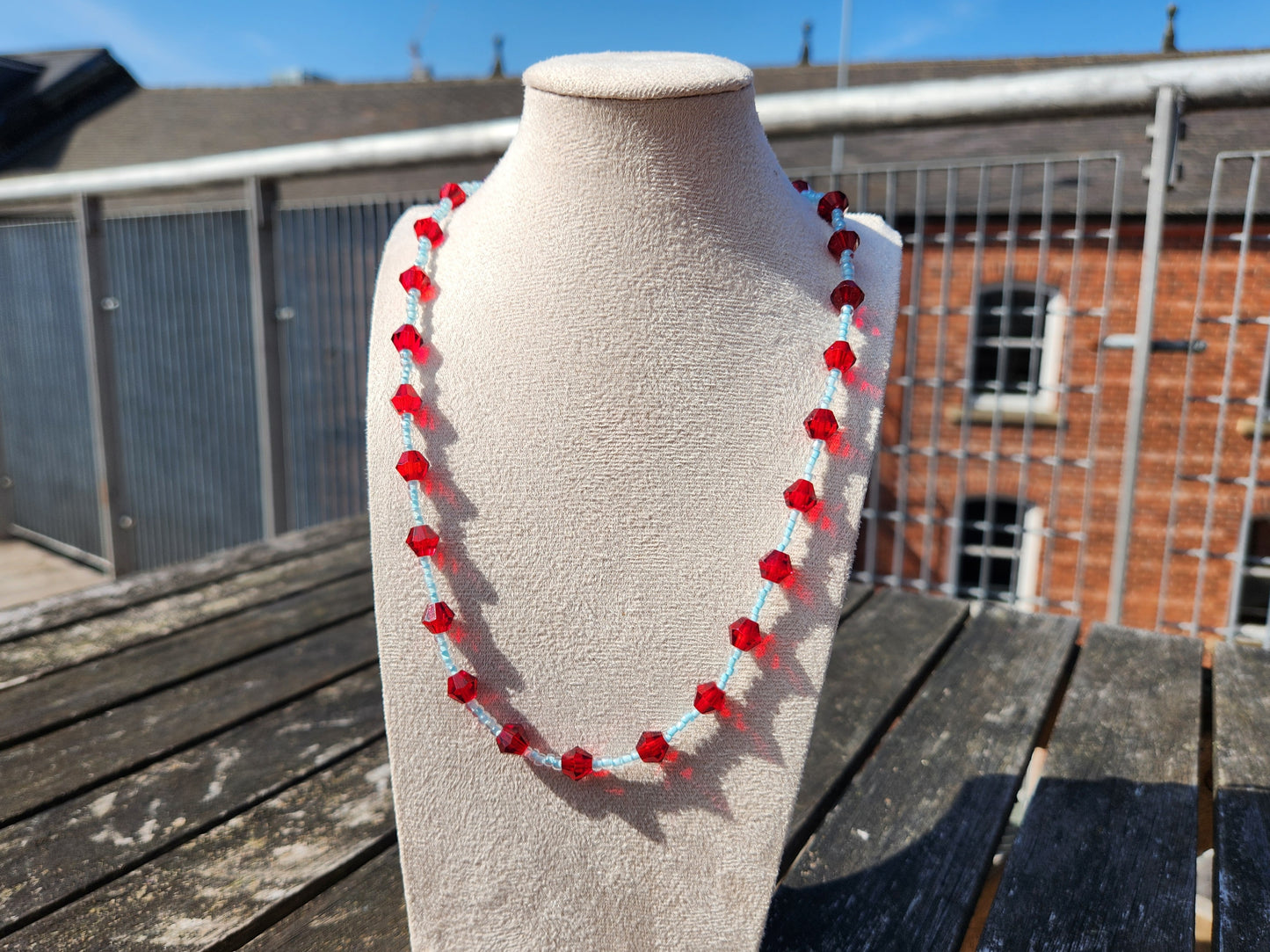 blue and red glass beaded necklace