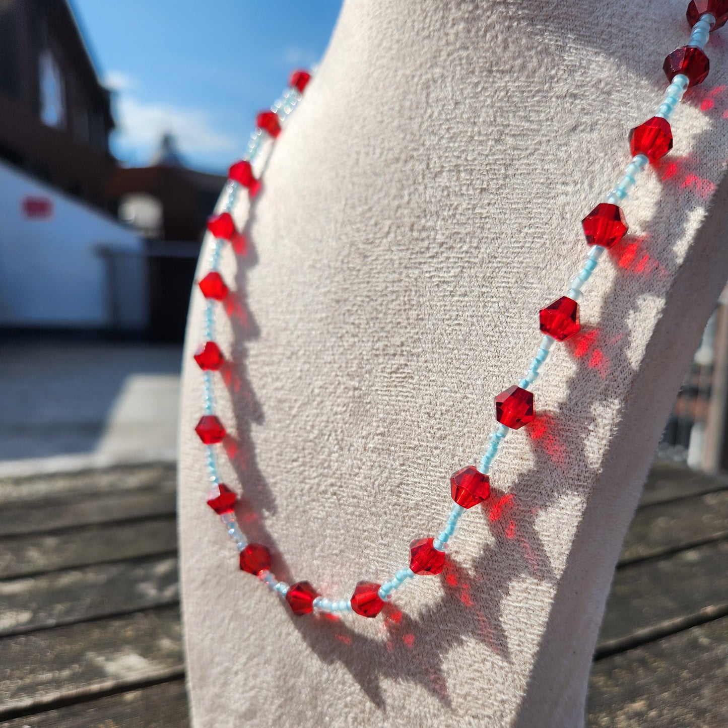 blue and red glass beaded necklace