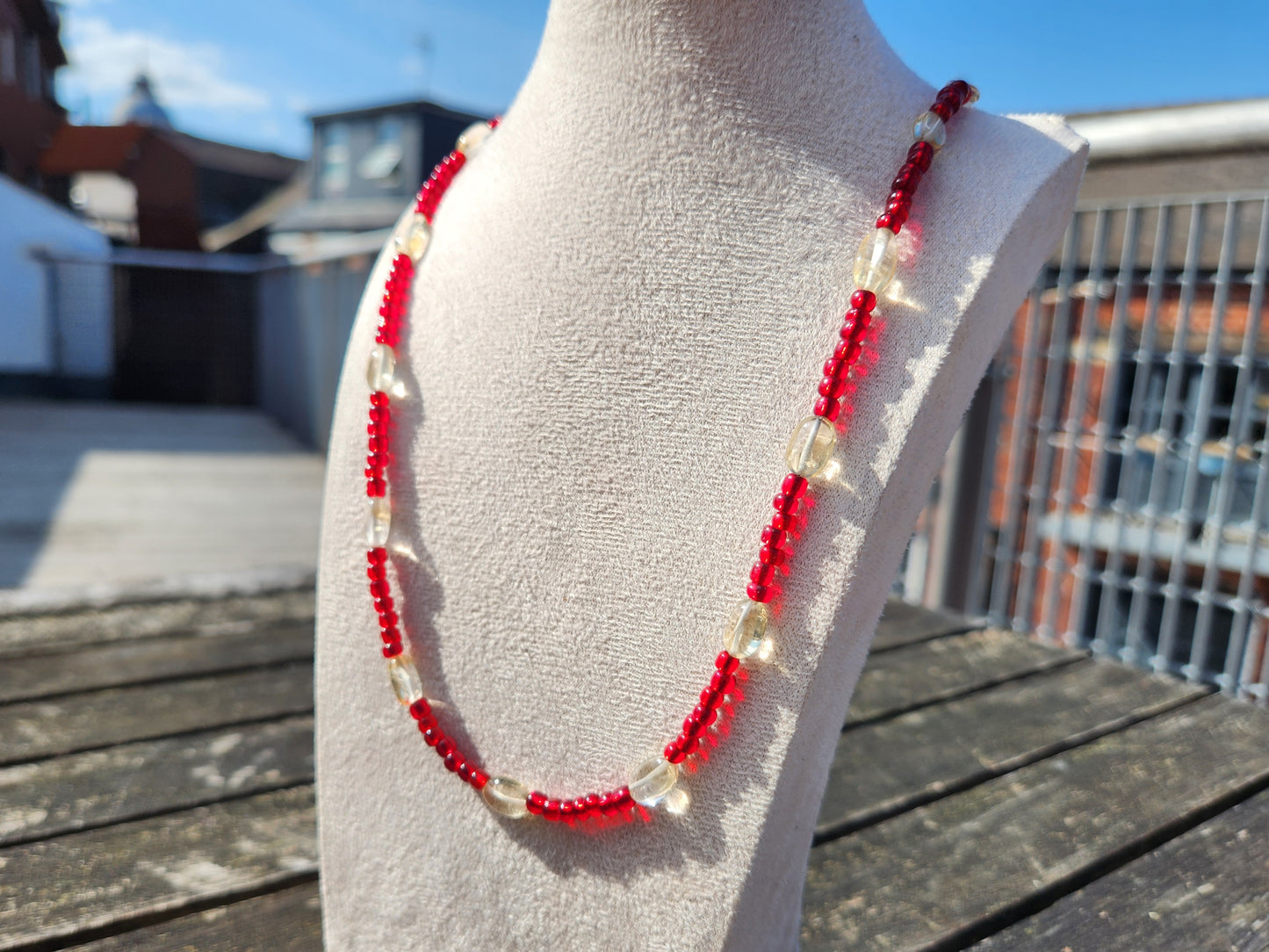 red glass and citrine beaded necklace