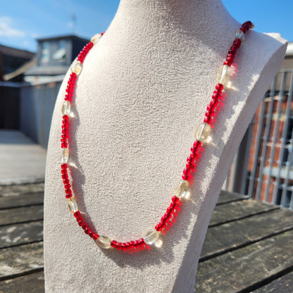 red glass and citrine beaded necklace