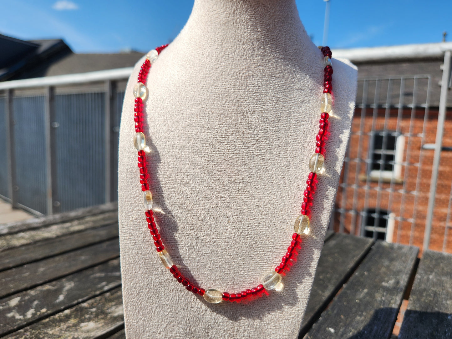 red glass and citrine beaded necklace