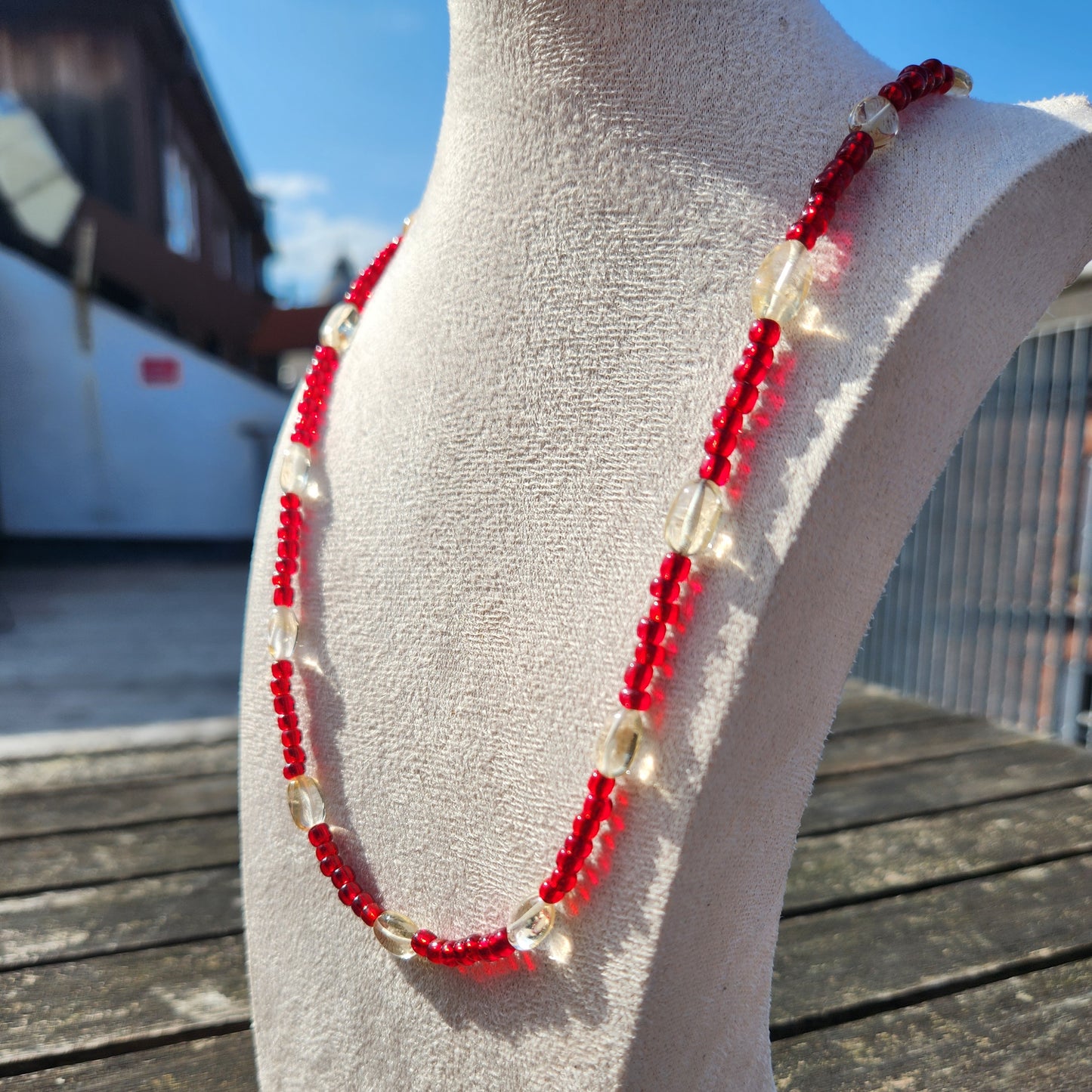 red glass and citrine beaded necklace