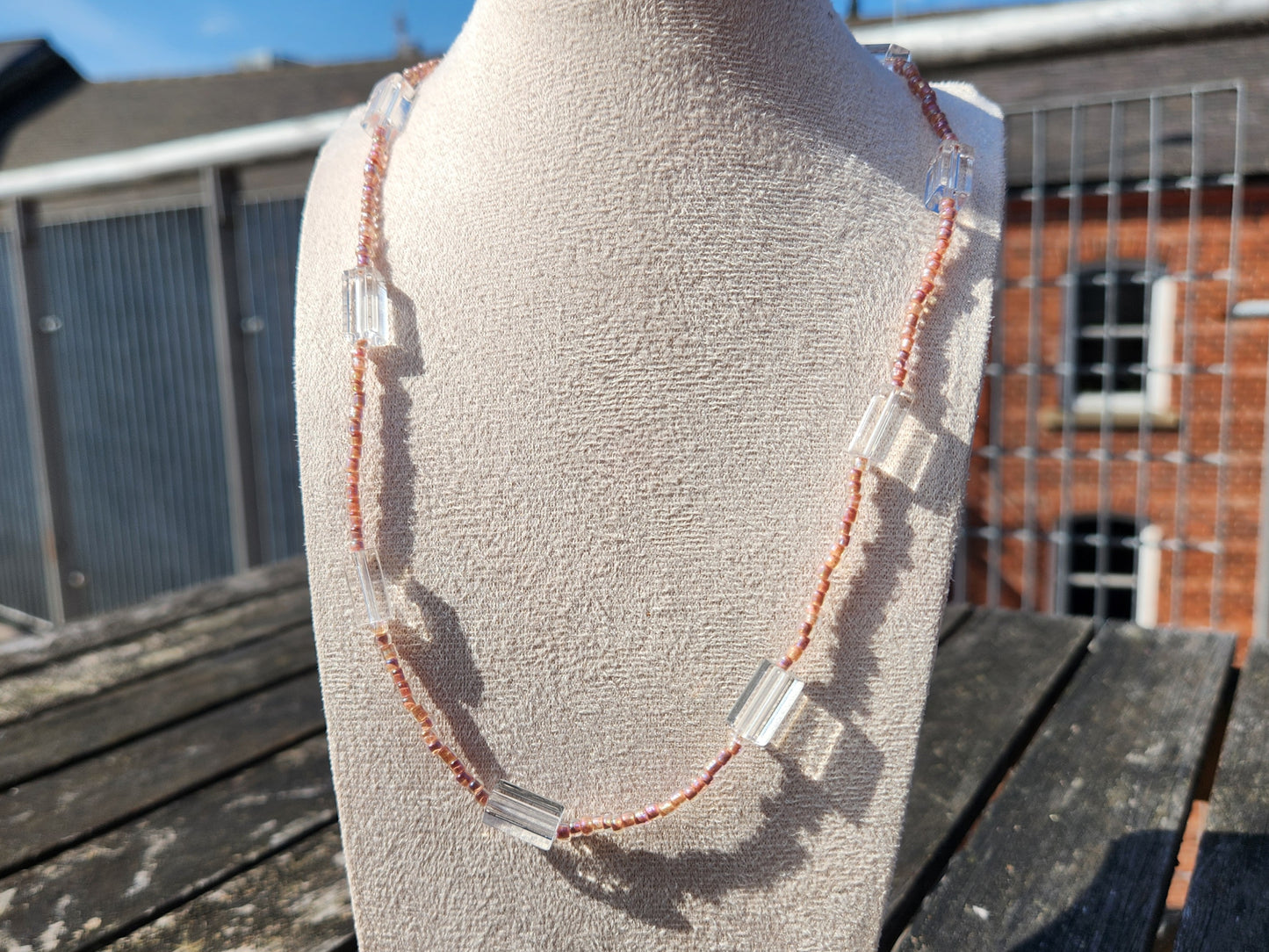 pink and clear rectangle glass beaded necklace