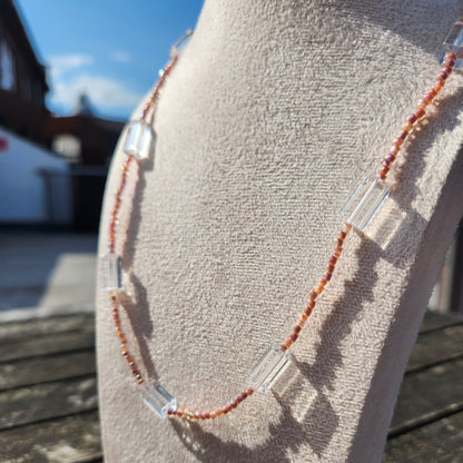 pink and clear rectangle glass beaded necklace