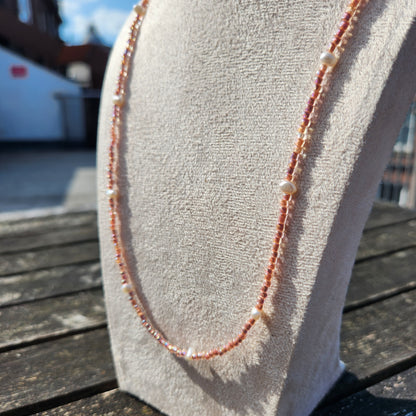 pink glass beads and freshwater pearl beaded necklace