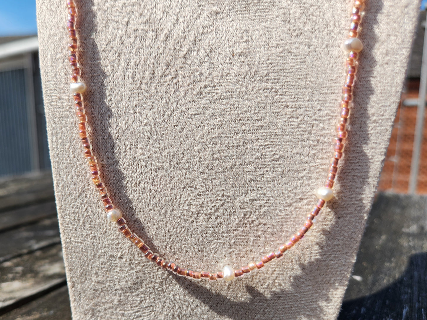 pink glass beads and freshwater pearl beaded necklace
