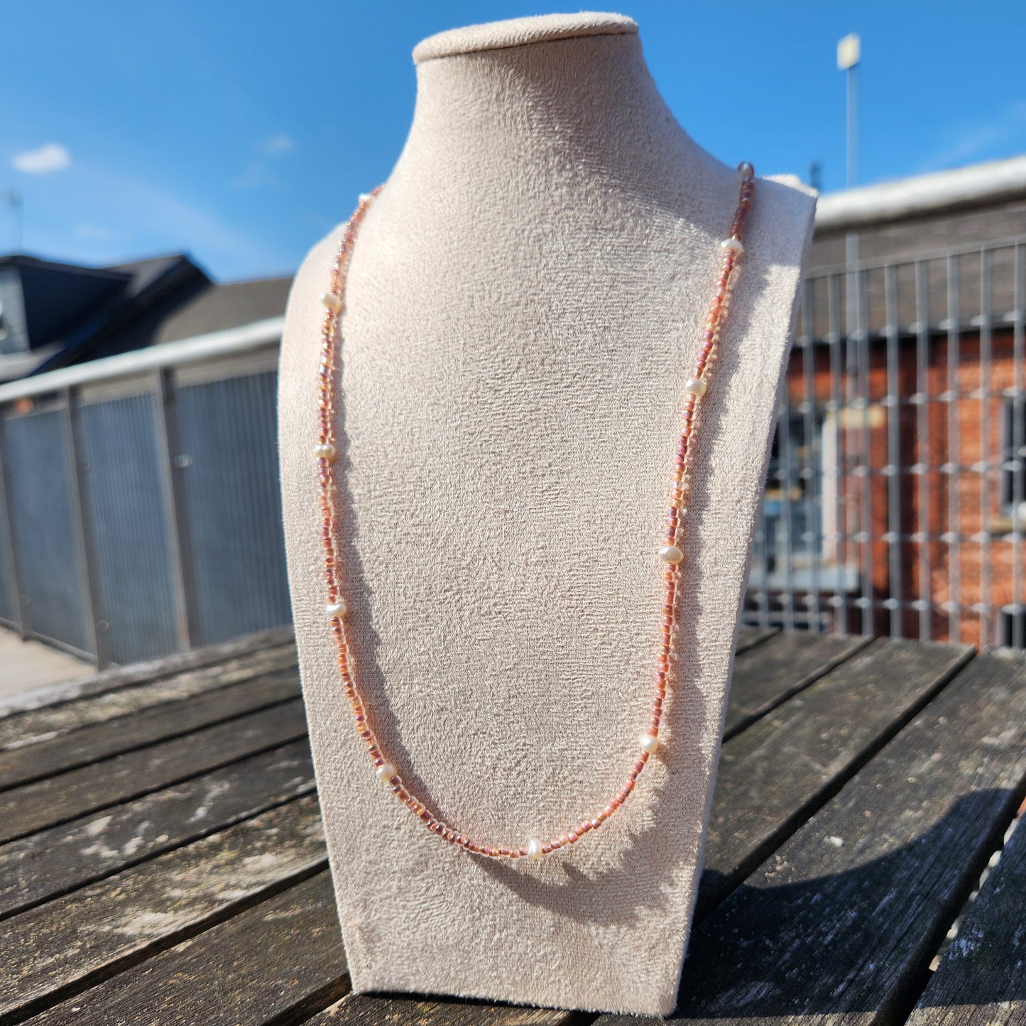 pink glass beads and freshwater pearl beaded necklace