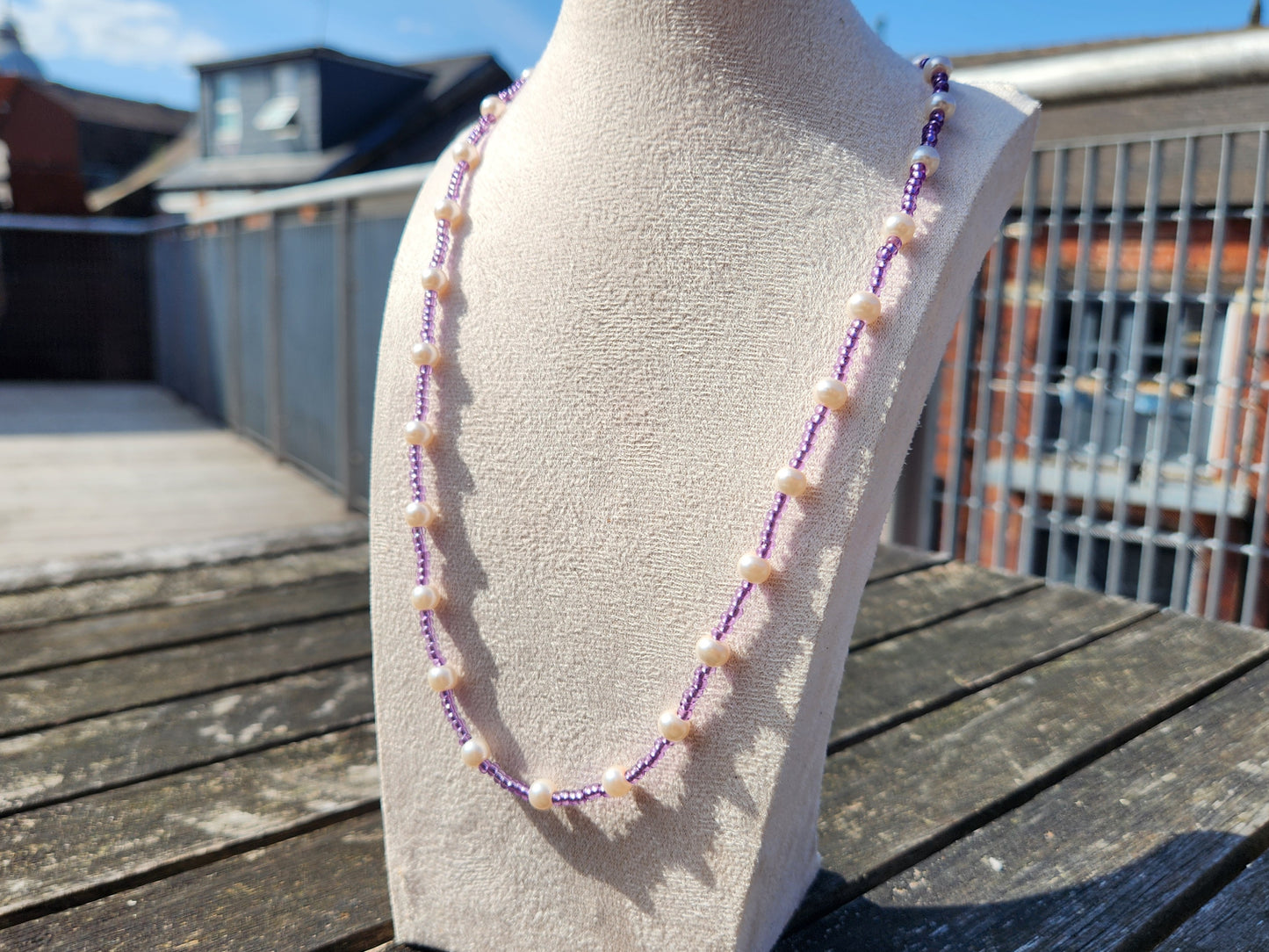 purple glass and pearl beaded necklace
