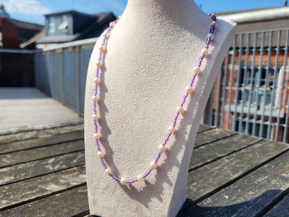 purple glass and pearl beaded necklace