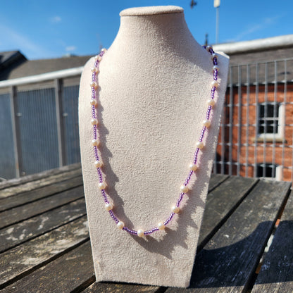 purple glass and pearl beaded necklace
