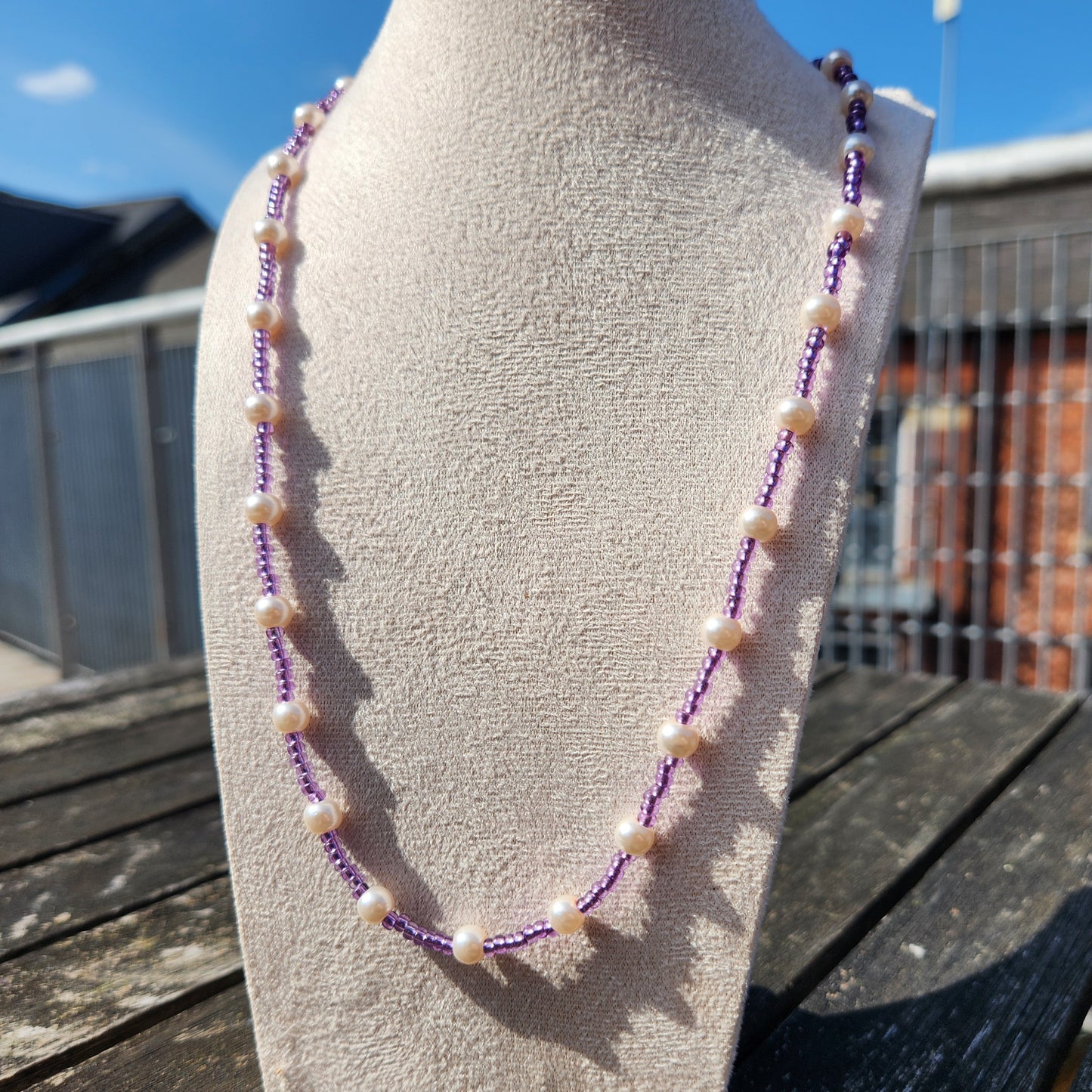 purple glass and pearl beaded necklace