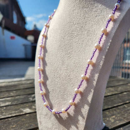 purple glass and pearl beaded necklace