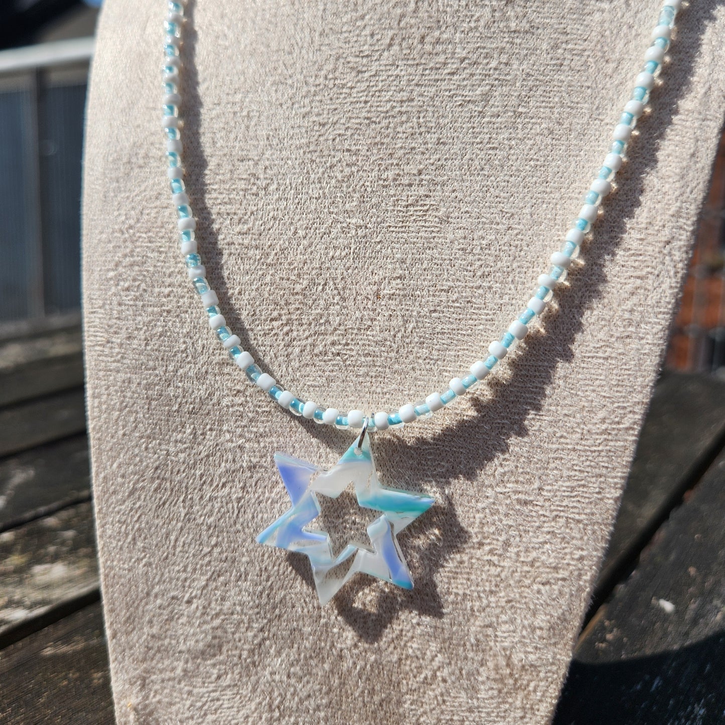 blue and white glass bead star of david pendant necklace