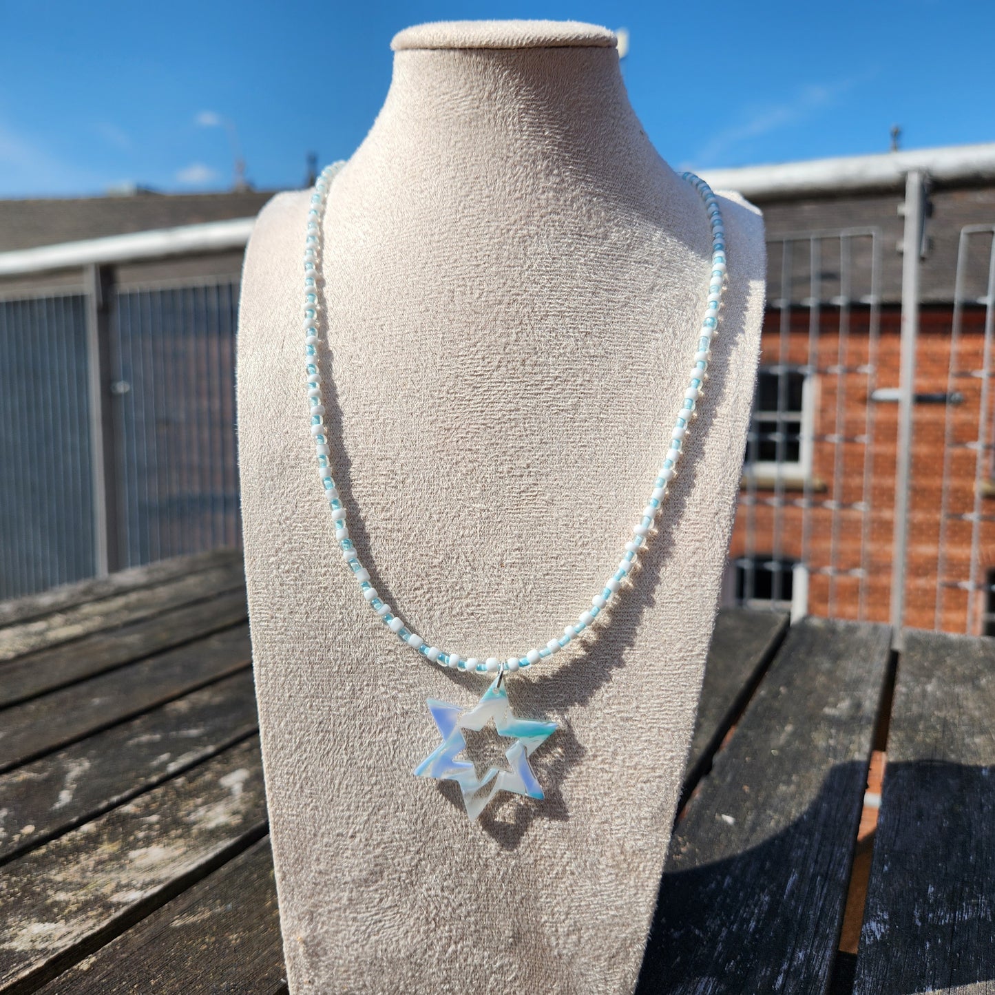 blue and white glass bead star of david pendant necklace