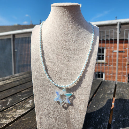 blue and white glass bead star of david pendant necklace