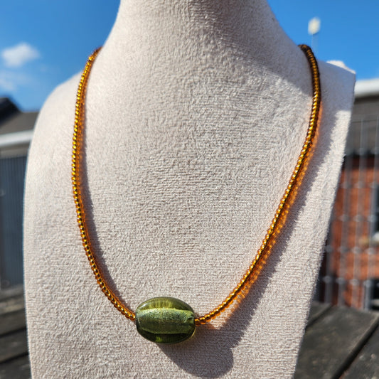 brown and upcycled green glass beaded necklace